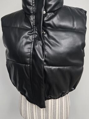 NWOT Women’s Black Faux Leather Puffer Vest with High Collar